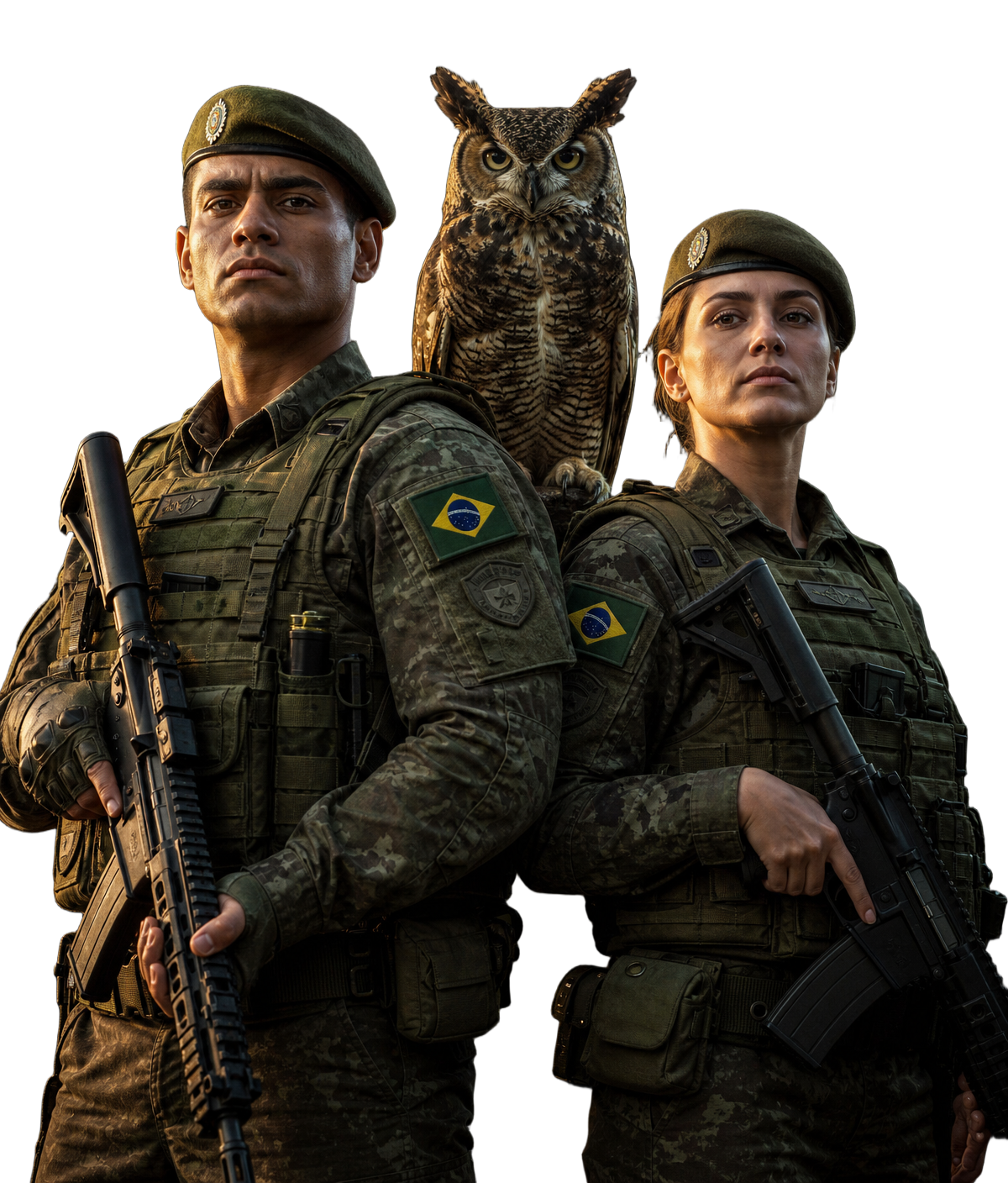 Militar temporário masculino e feminina do Exército Brasileiro ao lado da coruja mascote PROJETOM1000